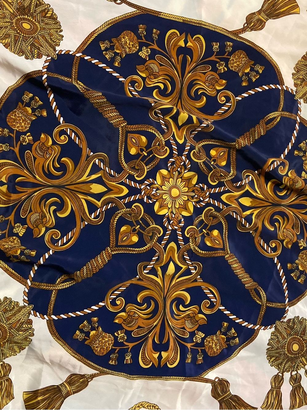 Navy Satiny Boho Medallion Baroque Tassel Rope Rolled Edge Scarf